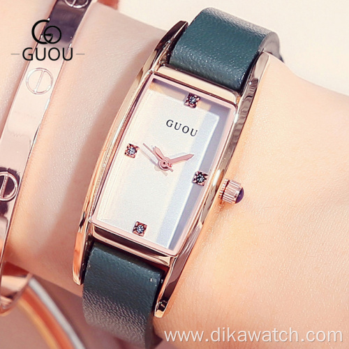 GUOU Square Watch Ladies Waterproof Wristwatches Rhinestone Quartz Watches for Women Fashion Leather Strap Rectangle Dial Female